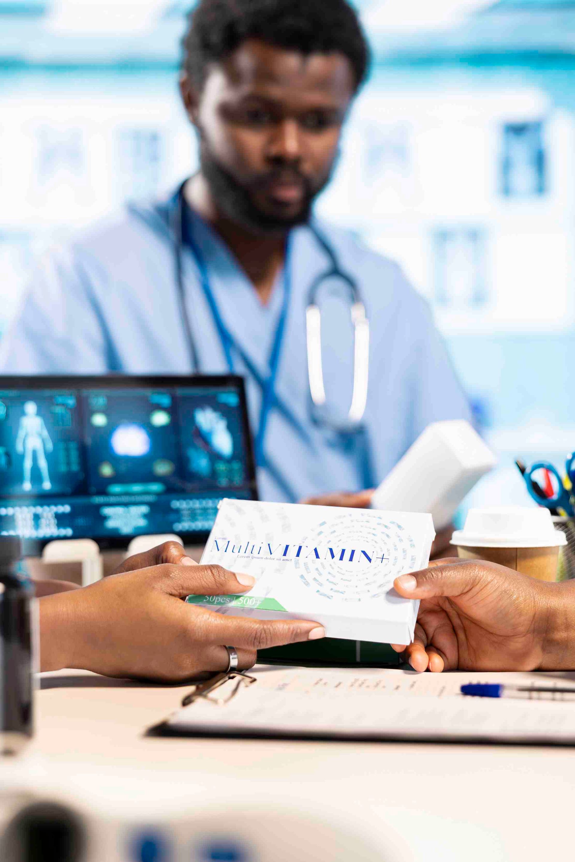 A pharmacist handing medication to a patient at the pharmacy counter